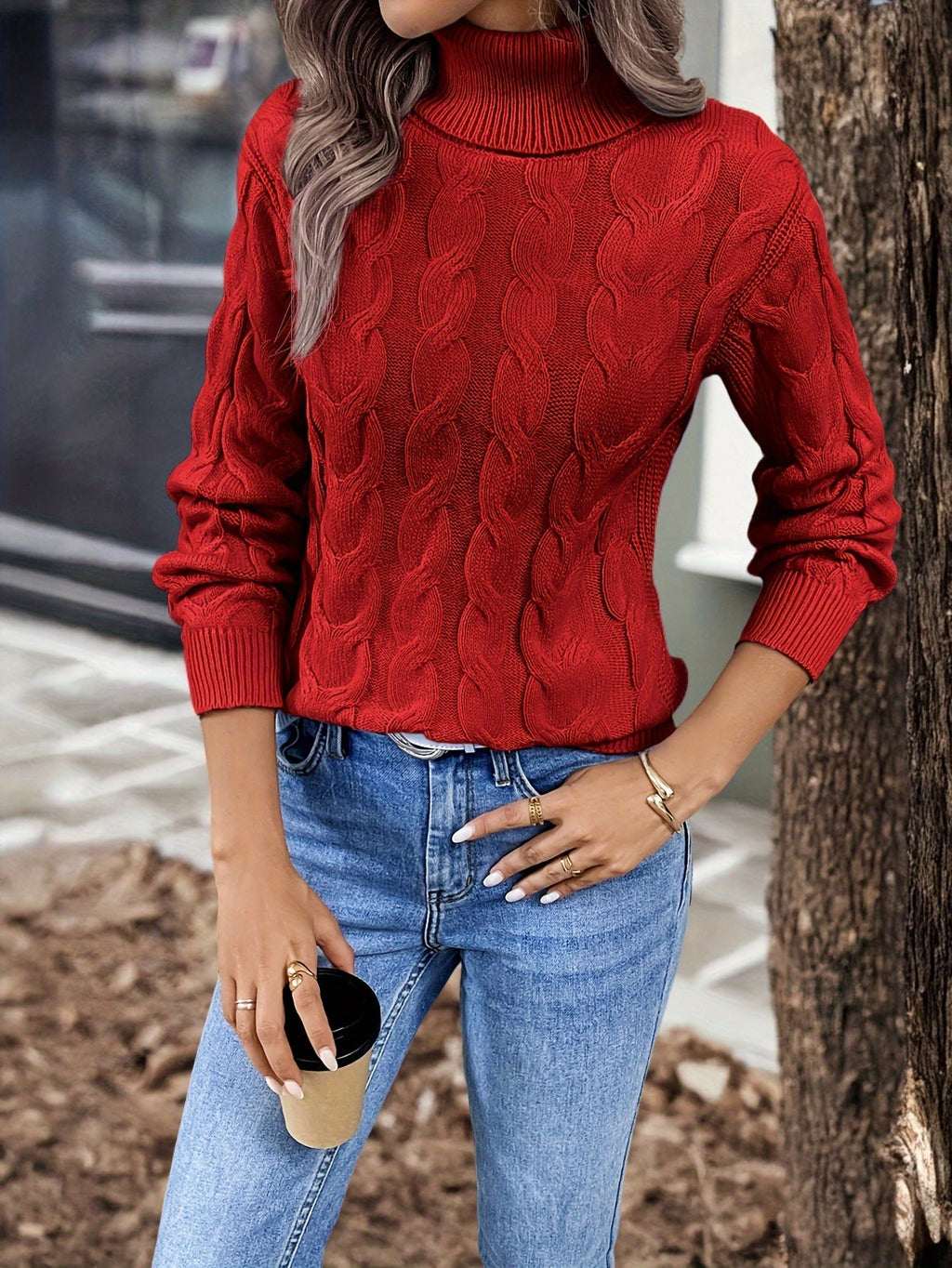 Women's Cable-Knit Turtleneck Sweater with Long Sleeves