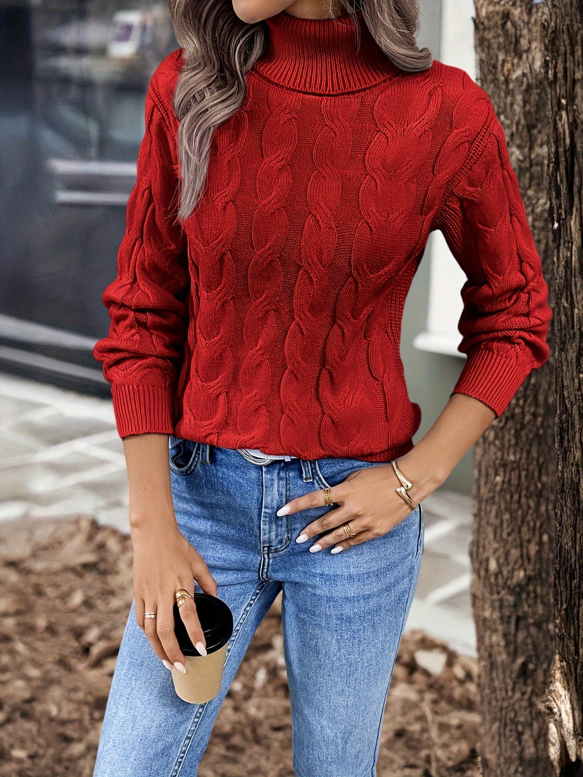 Women's Cable-Knit Turtleneck Sweater with Long Sleeves