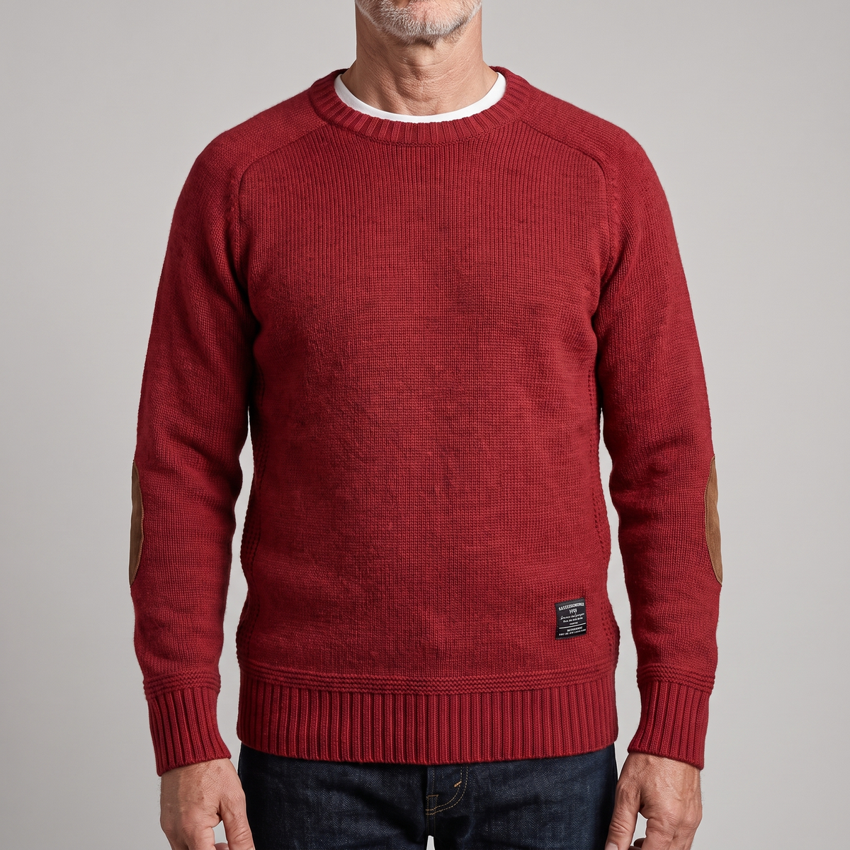 Unisex Crew Neck Knit Sweater, Long Sleeves, Elbow Patches