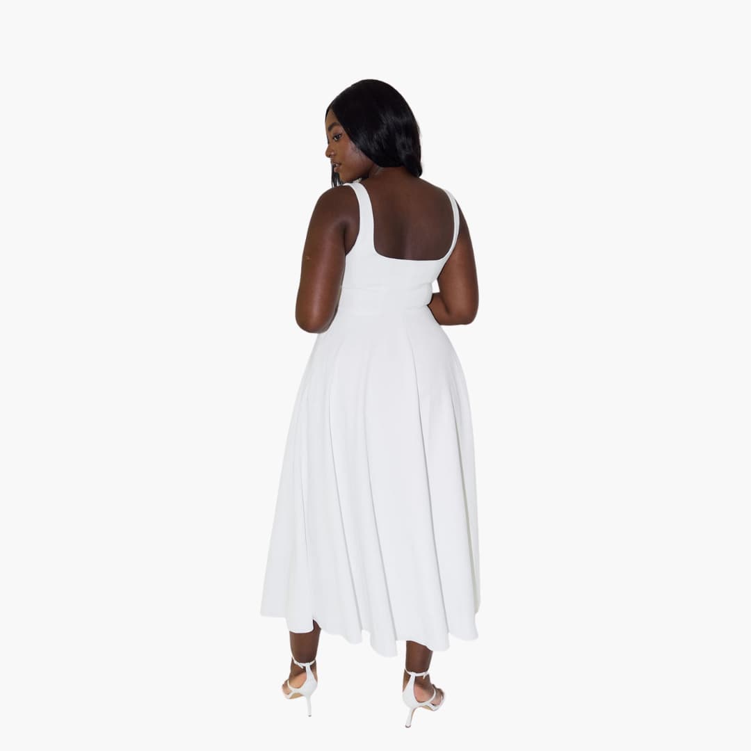 Women’s Midi Dress with Square Neckline and Flared Skirt