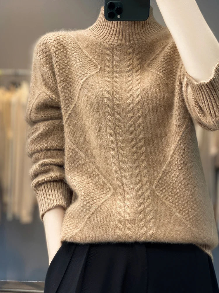 Women's Cable-Knit Turtleneck Sweater with Ribbed Hem