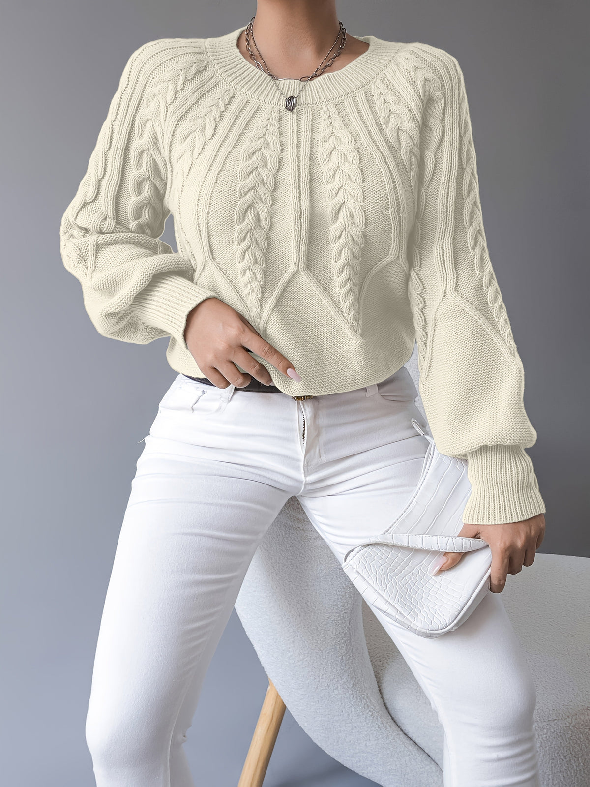 Women's Cable-Knit Sweater with Lantern Sleeves