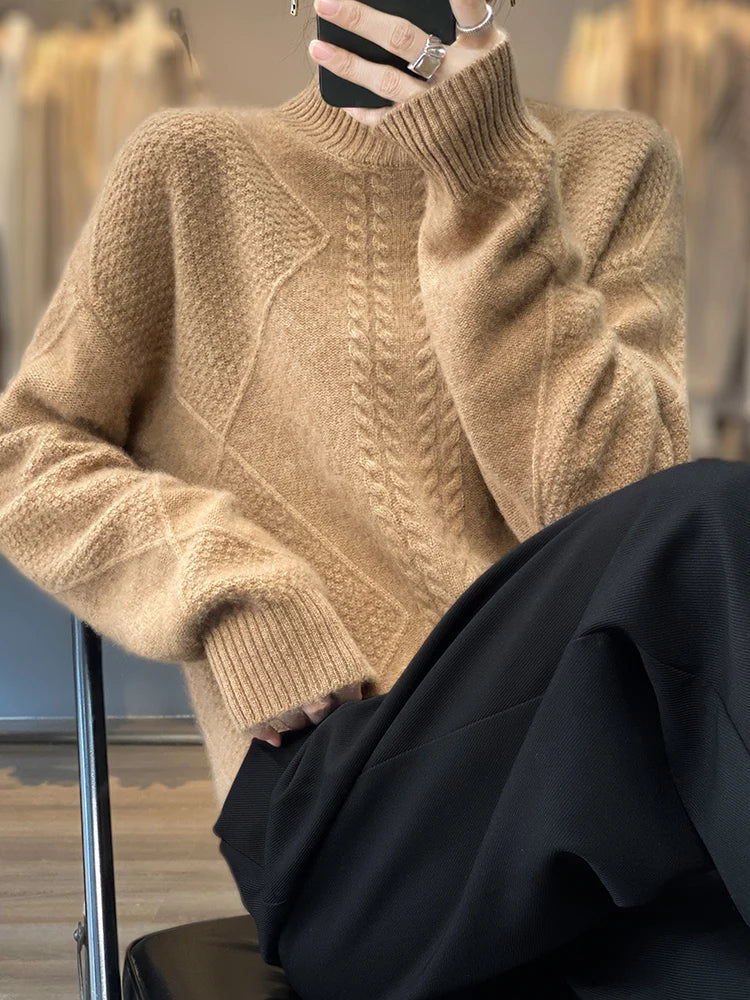 Women's Cable-Knit Turtleneck Sweater with Ribbed Hem