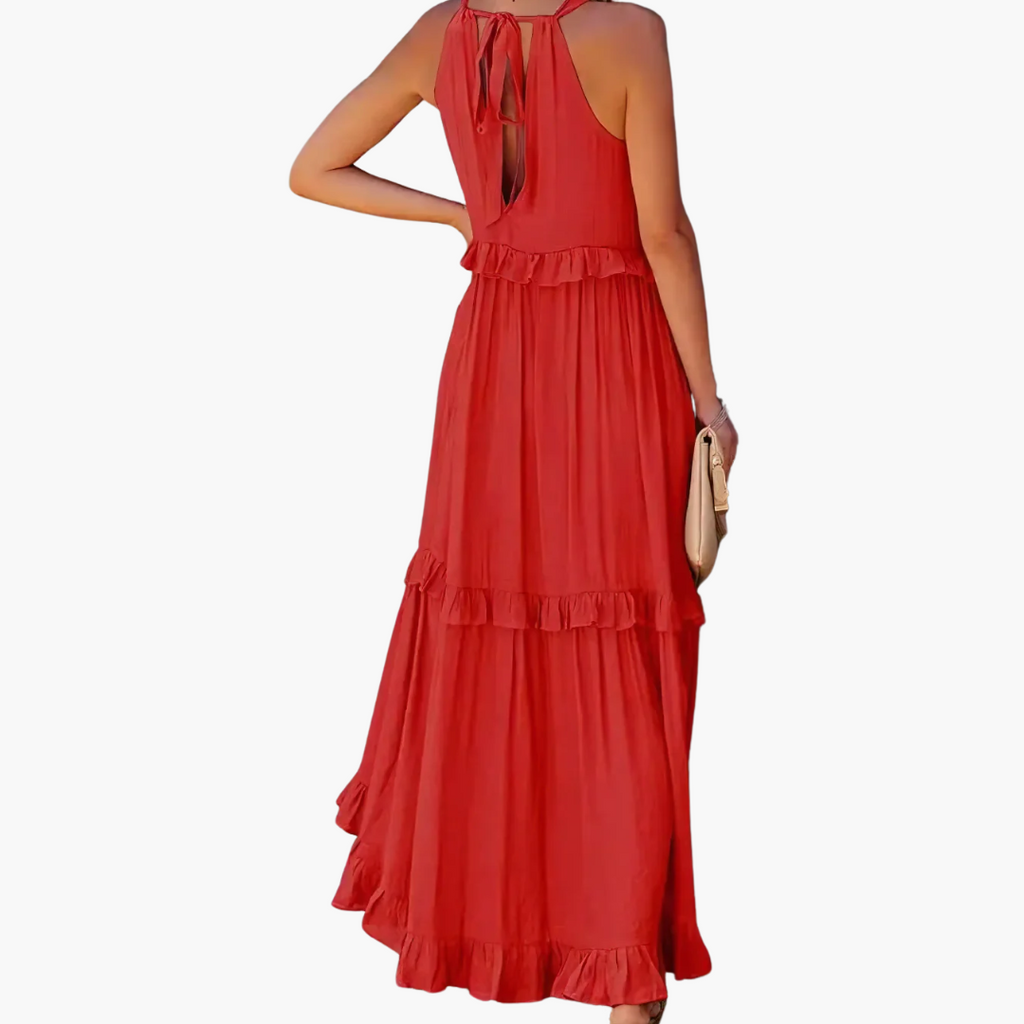 Women’s Maxi Dress with Cascading Ruffle Tiers and Adjustable Straps