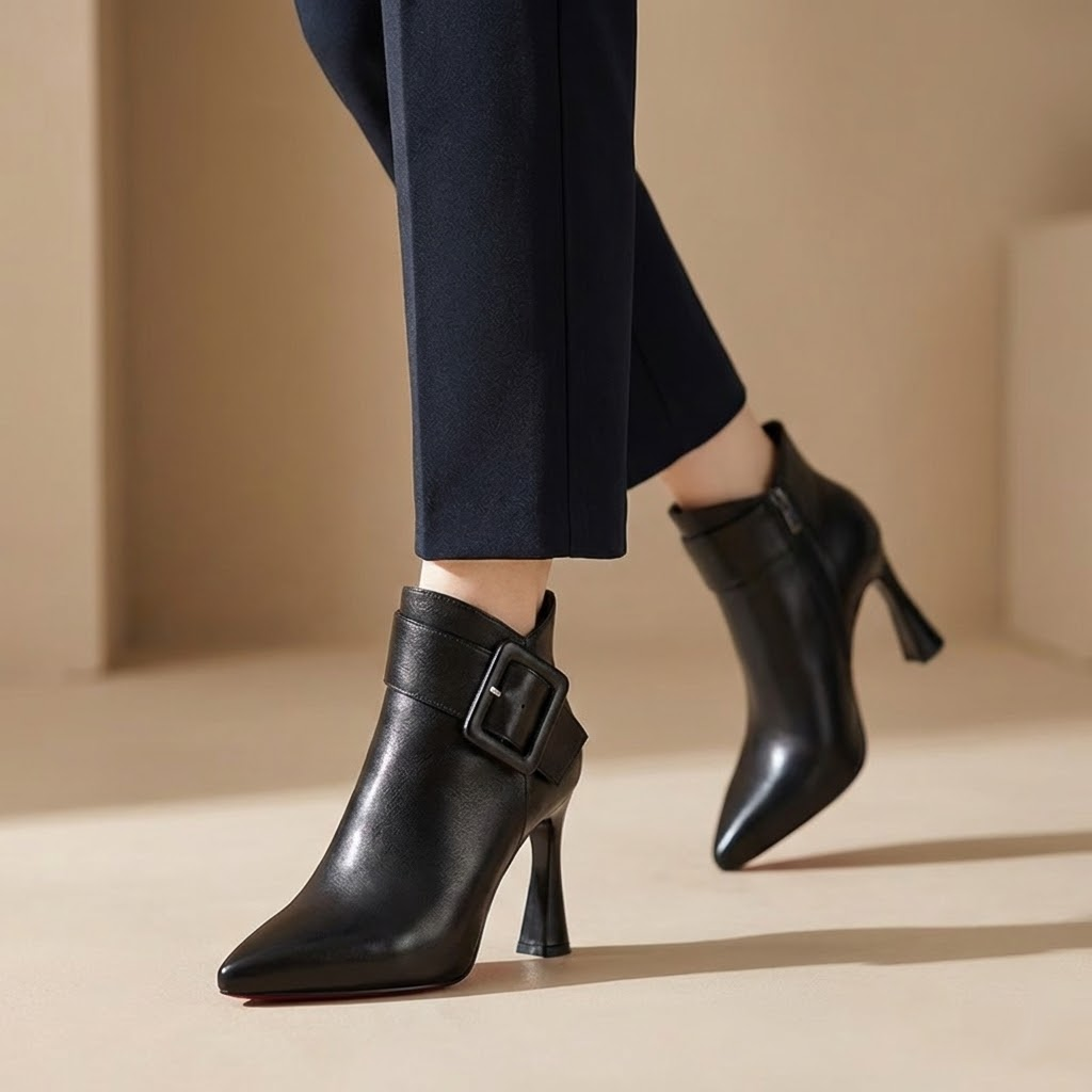 Women's Leather Ankle Boots with Oversized Buckle and Sculptural Heel