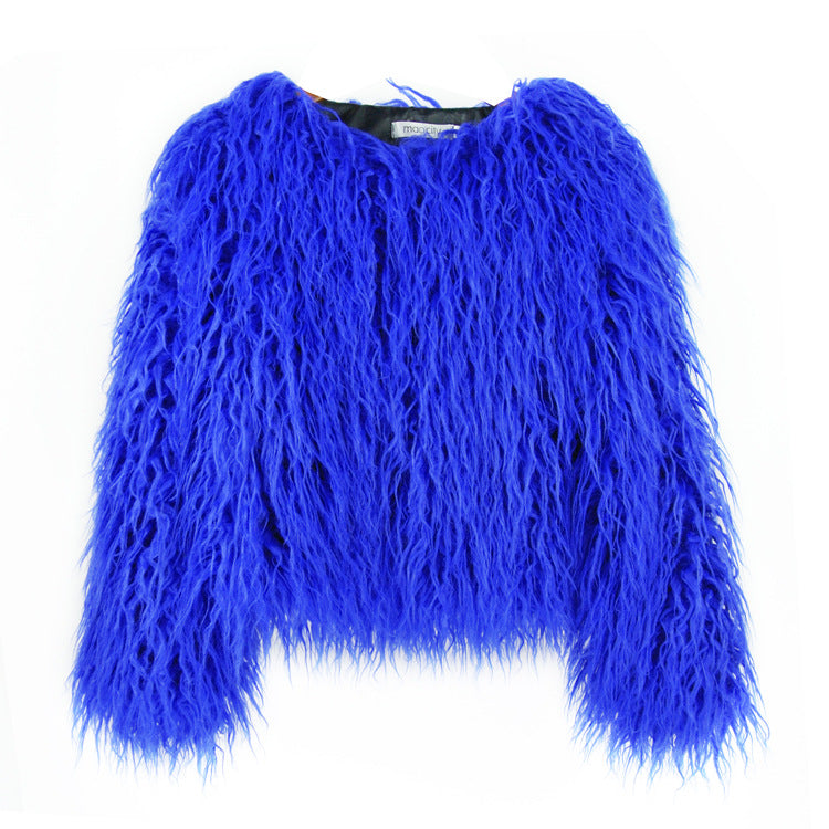 Women's Shaggy Faux Fur Jacket Round Neck Long Sleeve