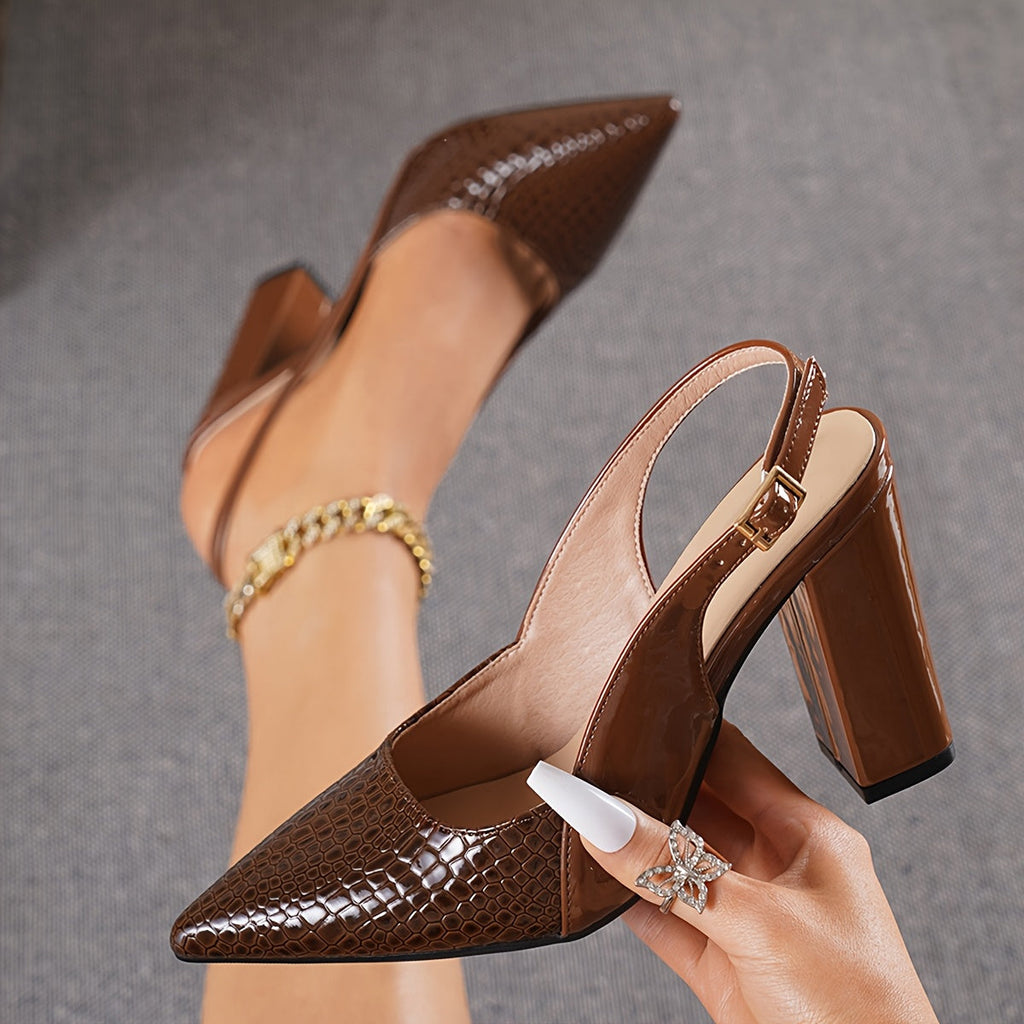 Women's Leather Shoes with Block Heel and Pointed Toe