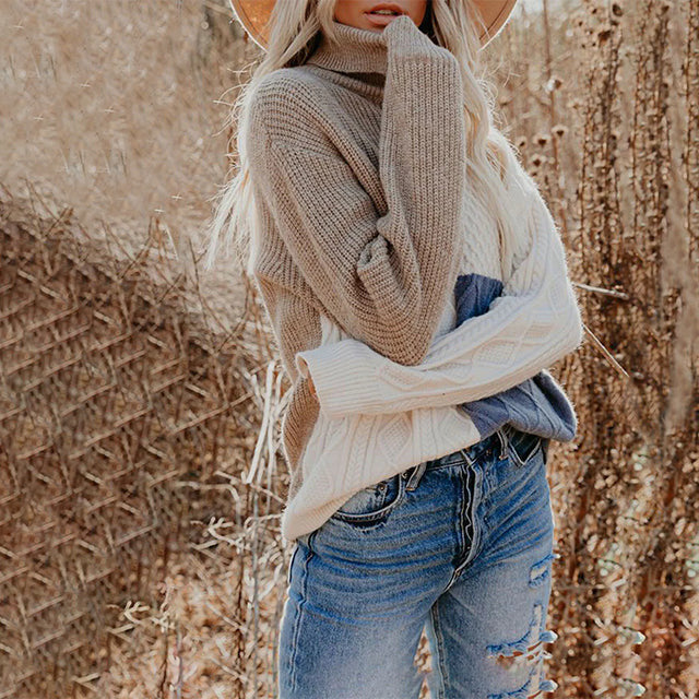 Women's Color-Block Cable Knit Turtleneck Sweater