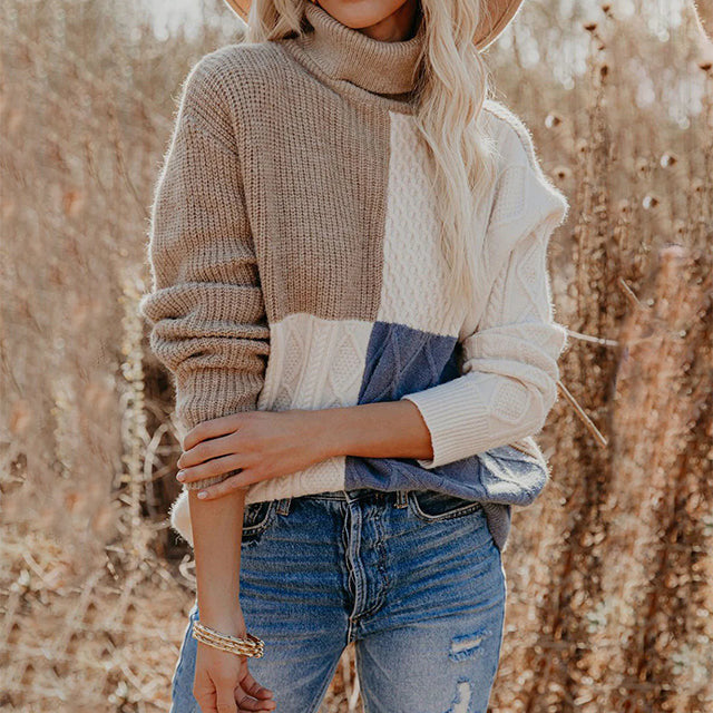 Women's Color-Block Cable Knit Turtleneck Sweater