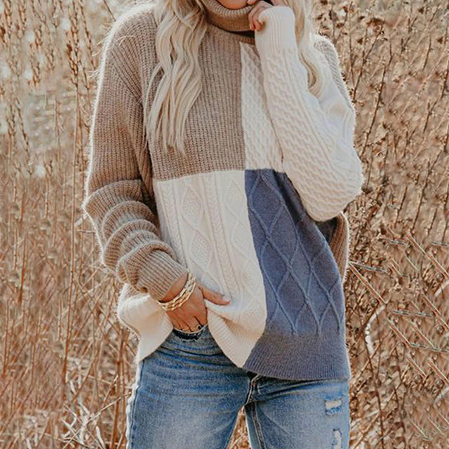 Women's Color-Block Cable Knit Turtleneck Sweater