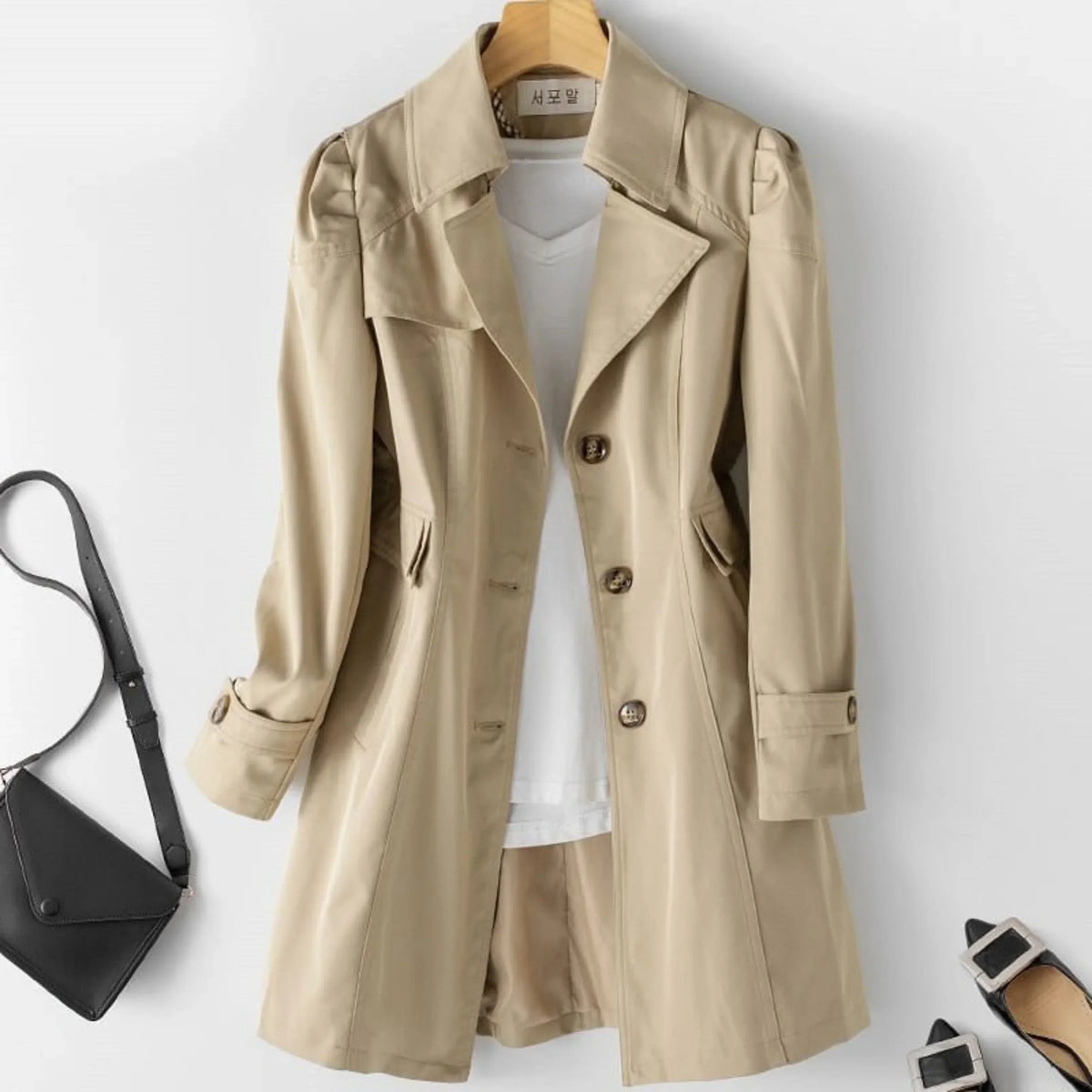 Women's Belted Double Breasted Trench Coat, Long Sleeves