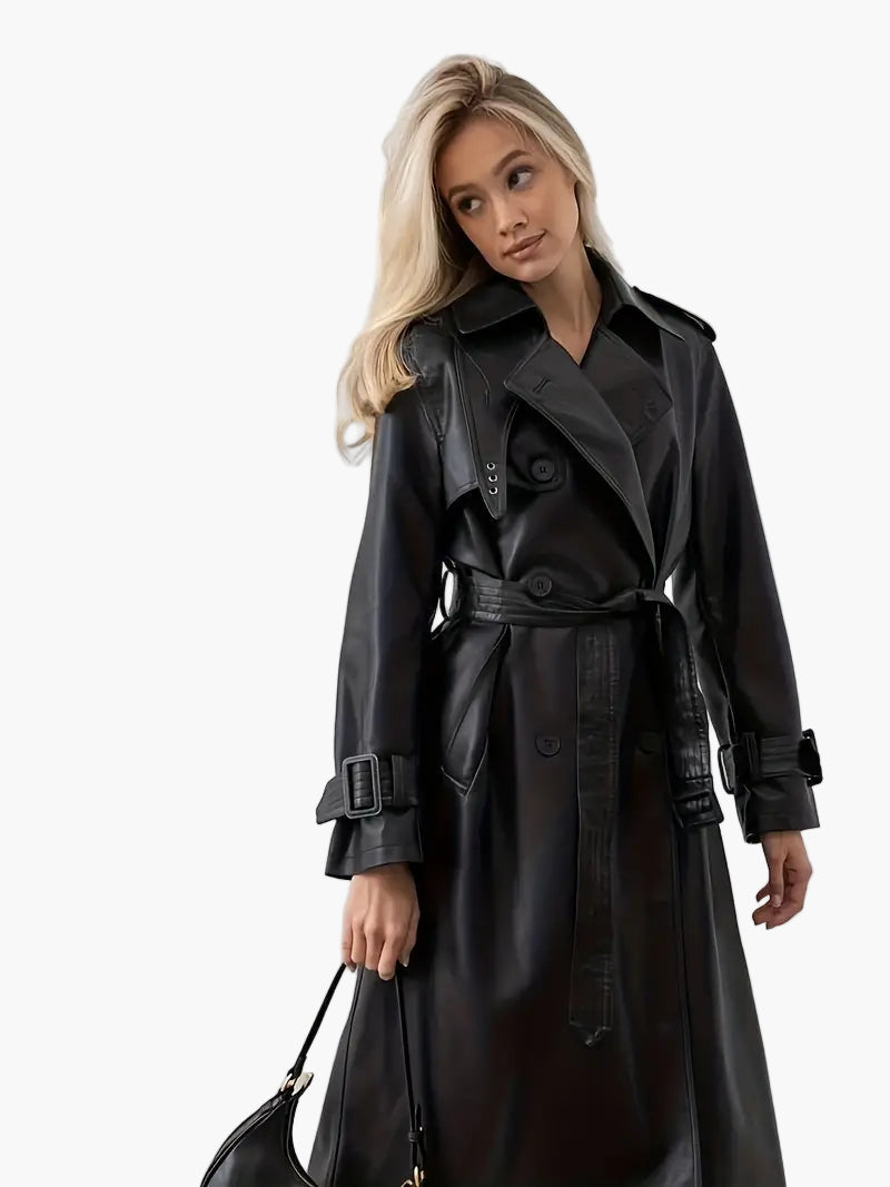 Women's Long Belted Trench Coat with Notch Collar