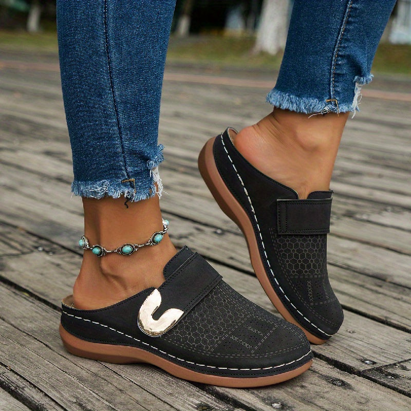 Women's Slip-On Mule with Laser-Cut Detail and U-Shaped Ornament