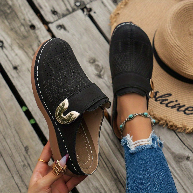 Women's Slip-On Mule with Laser-Cut Detail and U-Shaped Ornament