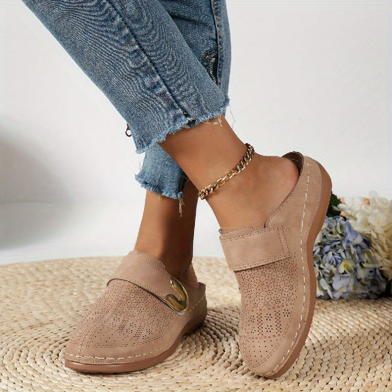Women's Slip-On Mule with Laser-Cut Detail and U-Shaped Ornament