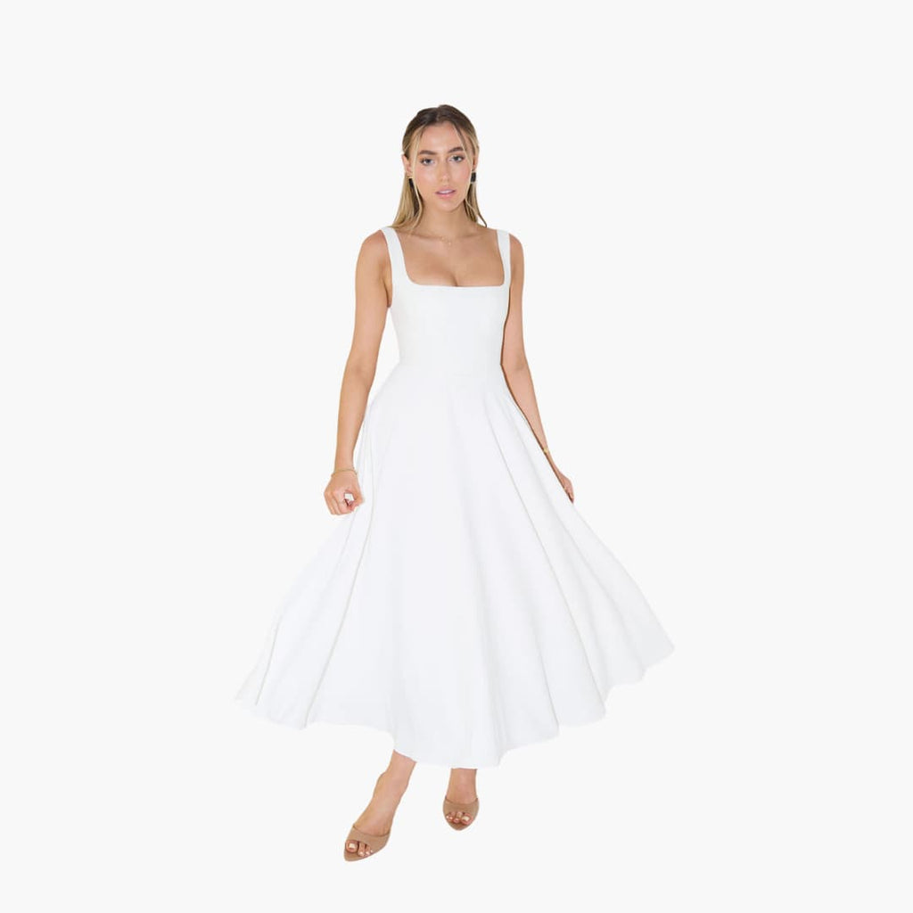 Women’s Midi Dress with Square Neckline and Flared Skirt