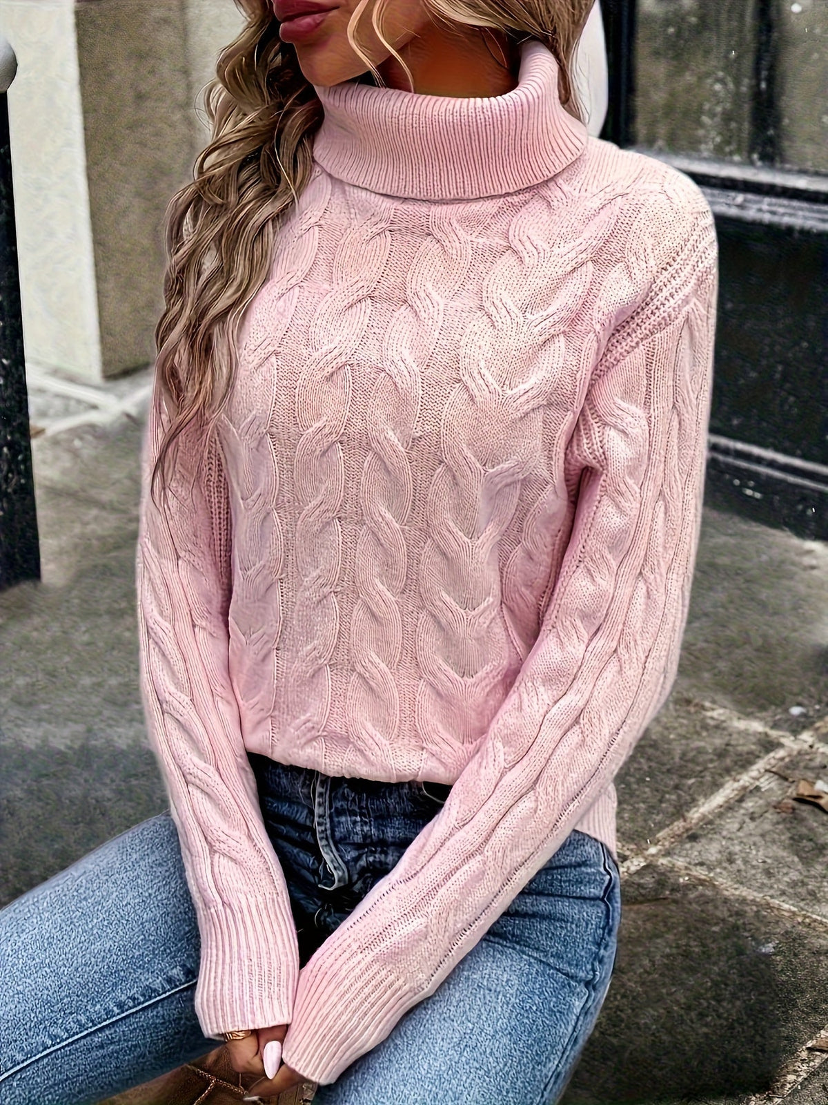 Women's Cable-Knit Turtleneck Sweater with Long Sleeves