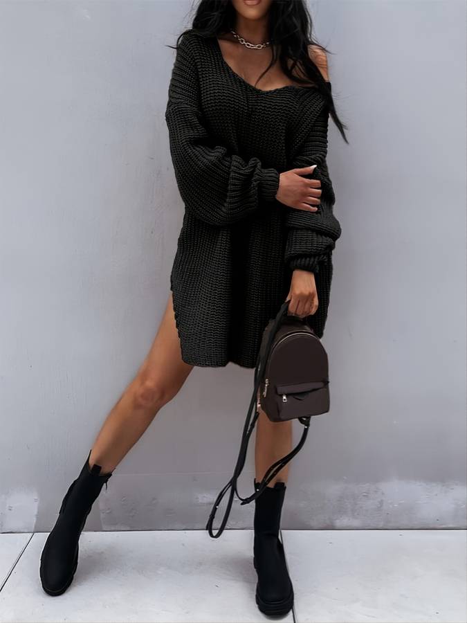 Women's Oversized V-Neck Sweater Dress with Drop Shoulder
