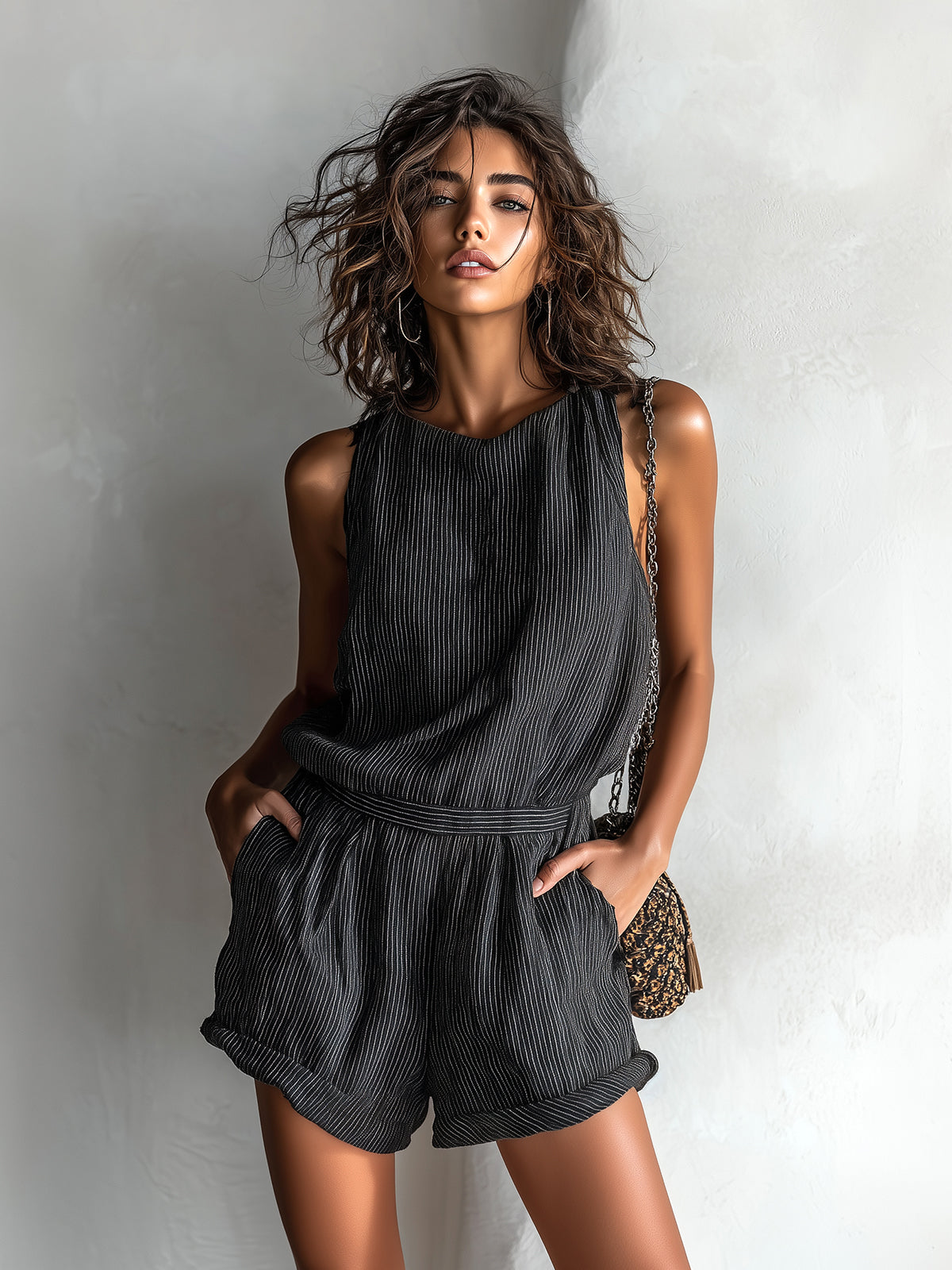 Ora - Chic Casual Black Stripe Romper