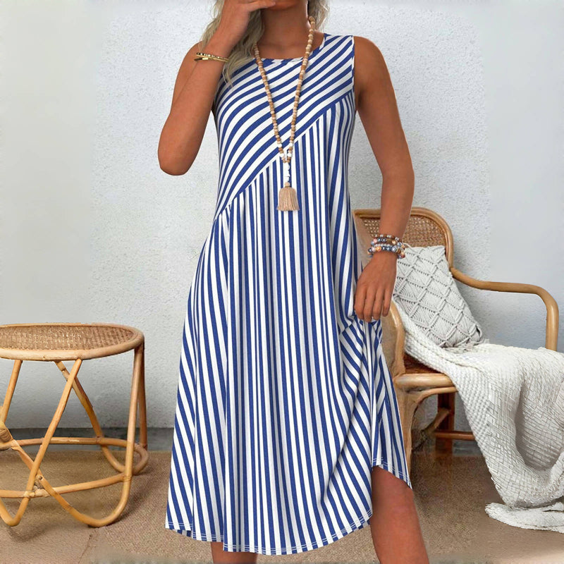 Women's Sleeveless Striped Summer Midi Dress with Breathable Fabric