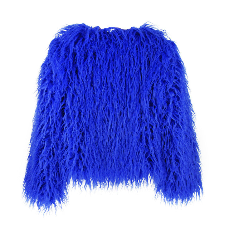 Women's Shaggy Faux Fur Jacket Round Neck Long Sleeve