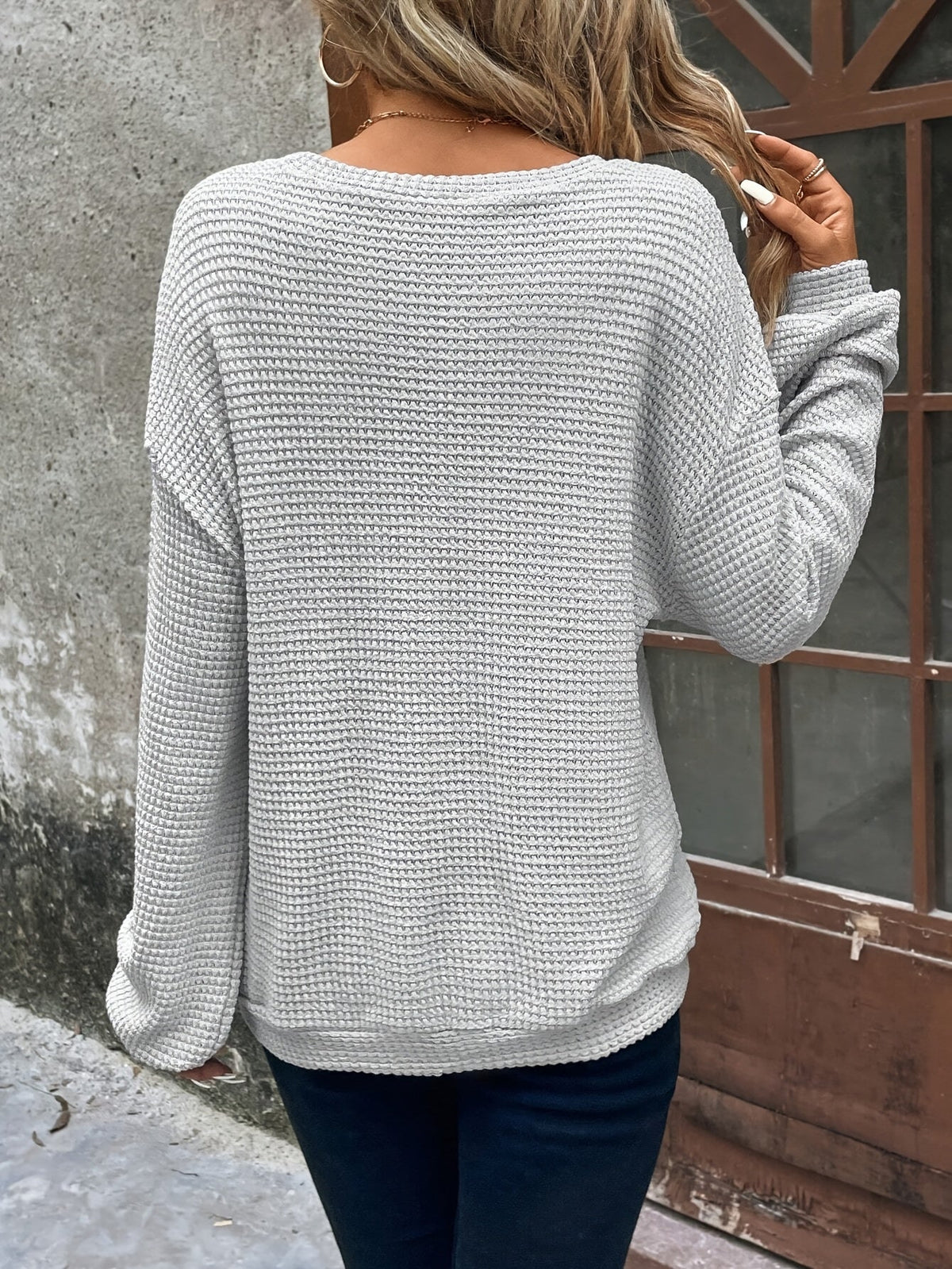 Women's Waffle-Knit Sweater Round Neck Relaxed Fit