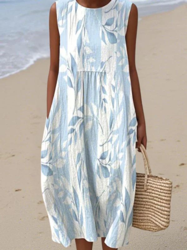 Women's Midi Dress with Leafy Print and Relaxed Fit