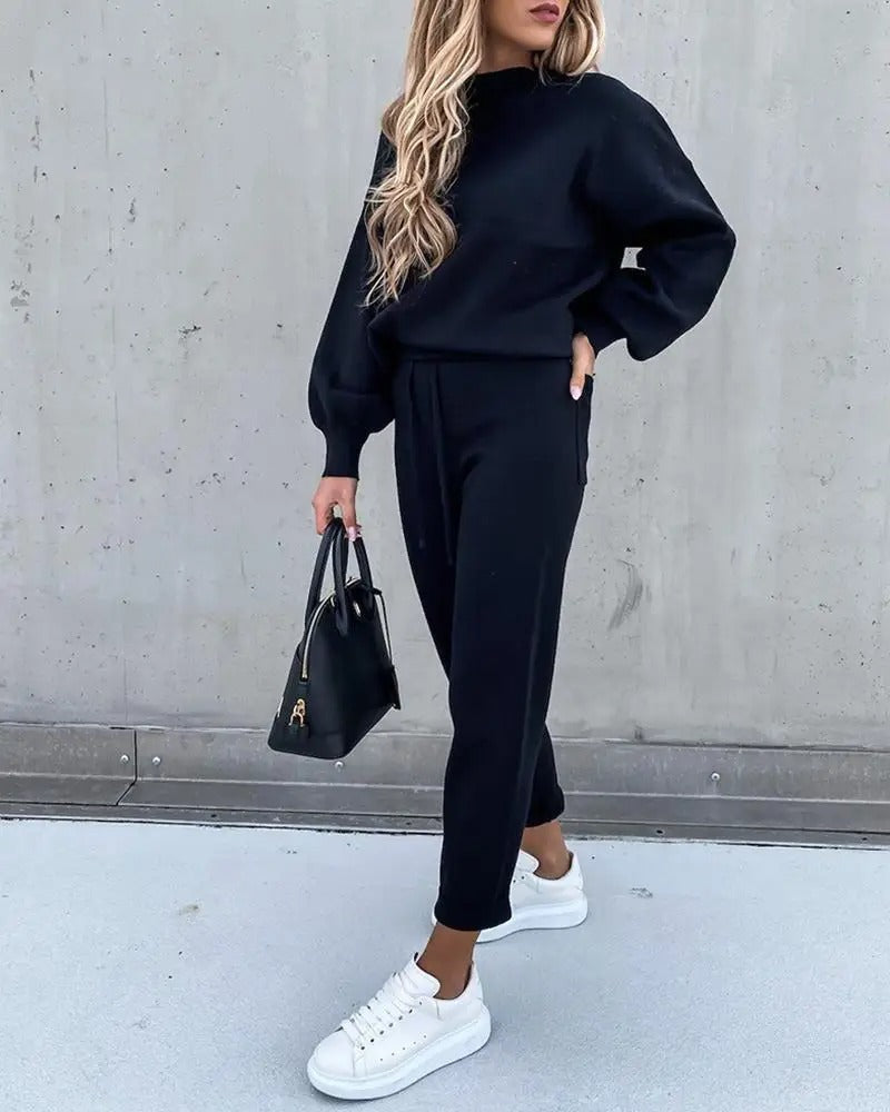 Women's Lounge Set with Mock Neck and Elastic Waist
