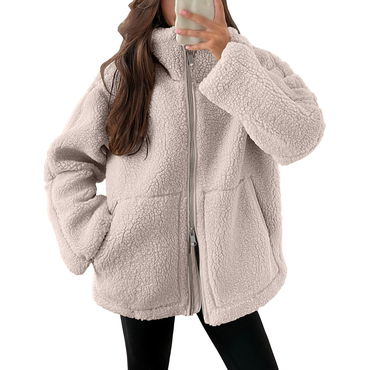 Women's Oversized Teddy Fleece Jacket with Zip Front