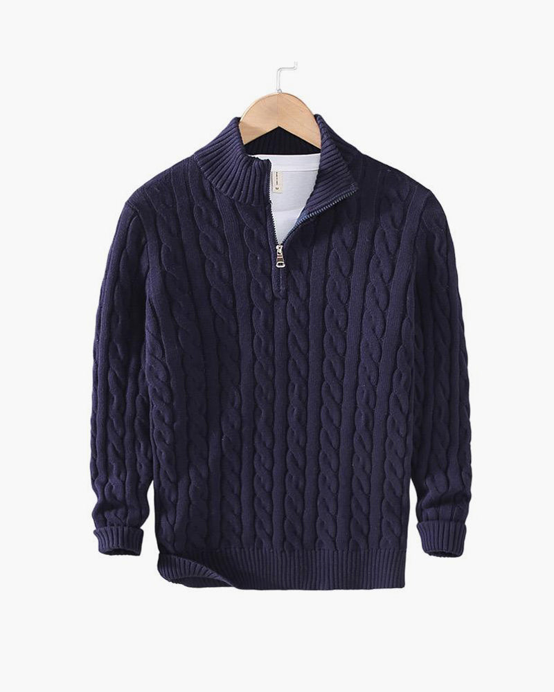 Unisex Cable Knit Sweater, Quarter Zip, Ribbed Collar