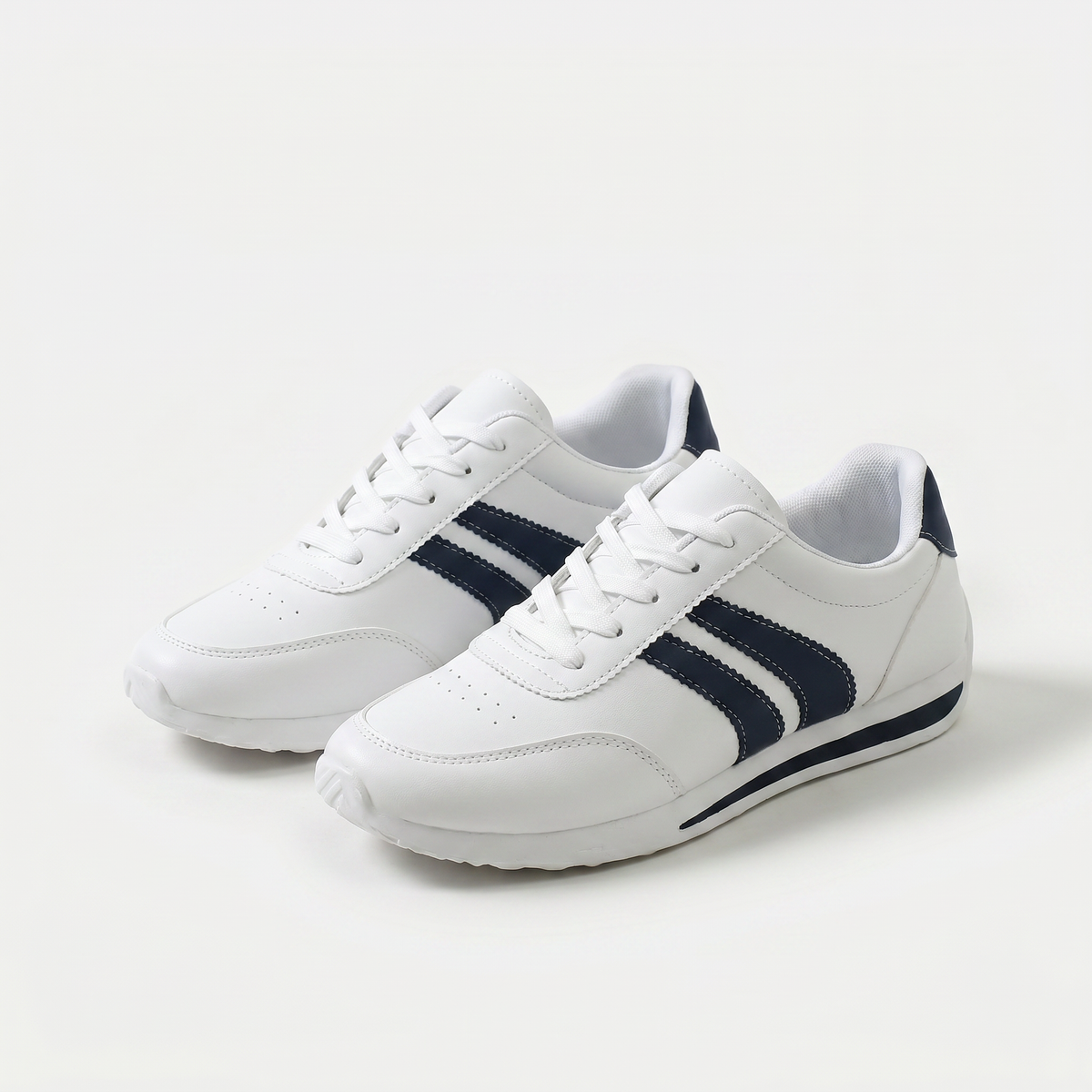 Women's White Striped Lace-Up Sneakers, Round Toe