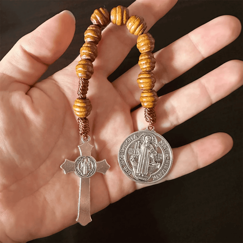 Saint Benedict | Natural Wood Pocket Rosary