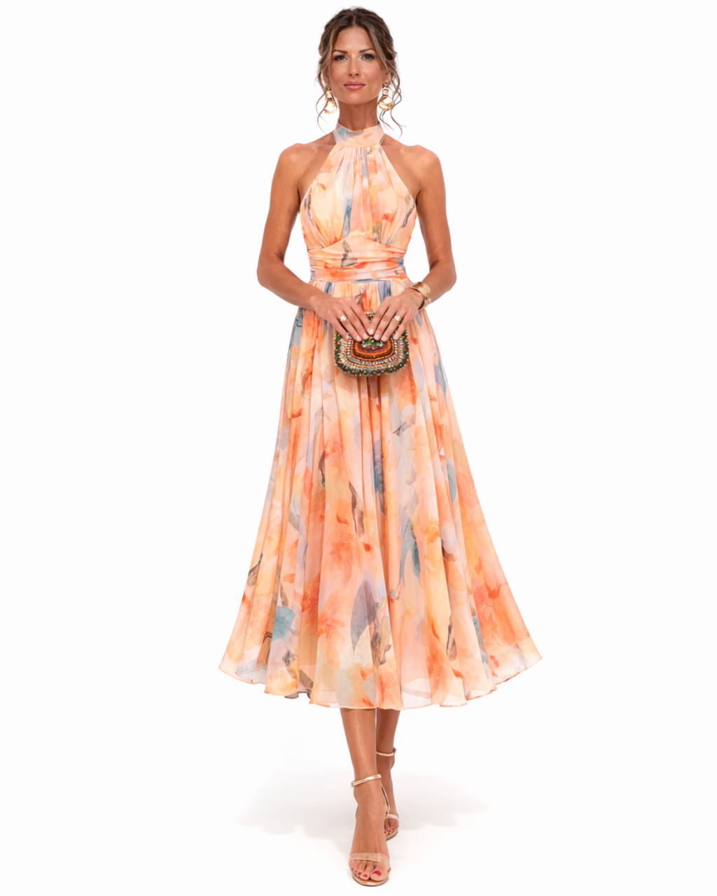 Women's Watercolour Maxi Dress – Backless Flowy Occasion Dress