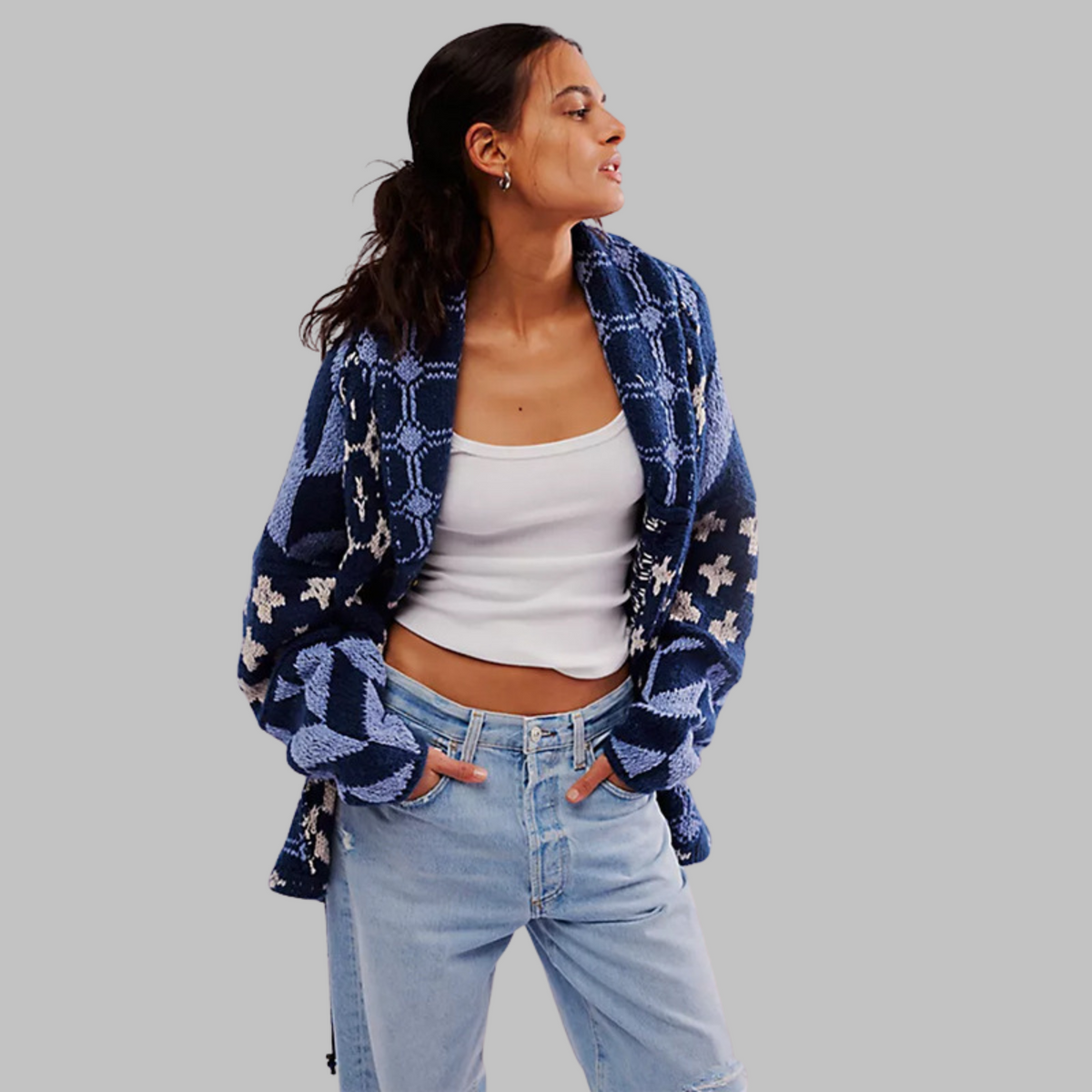 Women's Oversized Cardigan with Button-Down Collar and Long Sleeves