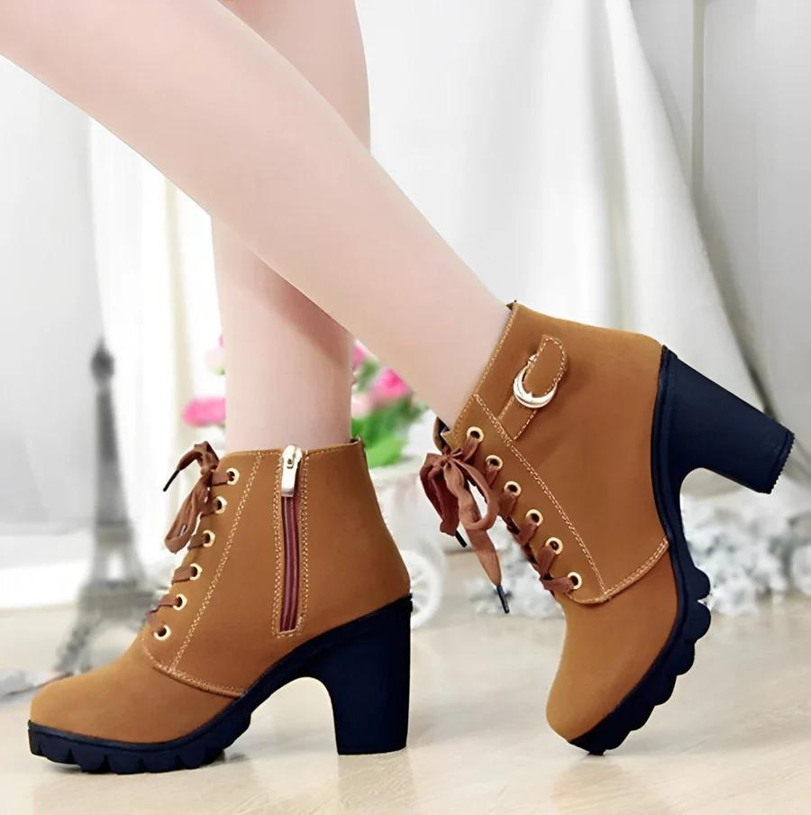 Women's Lace-Up Ankle Boots with Block Heel and Platform Sole