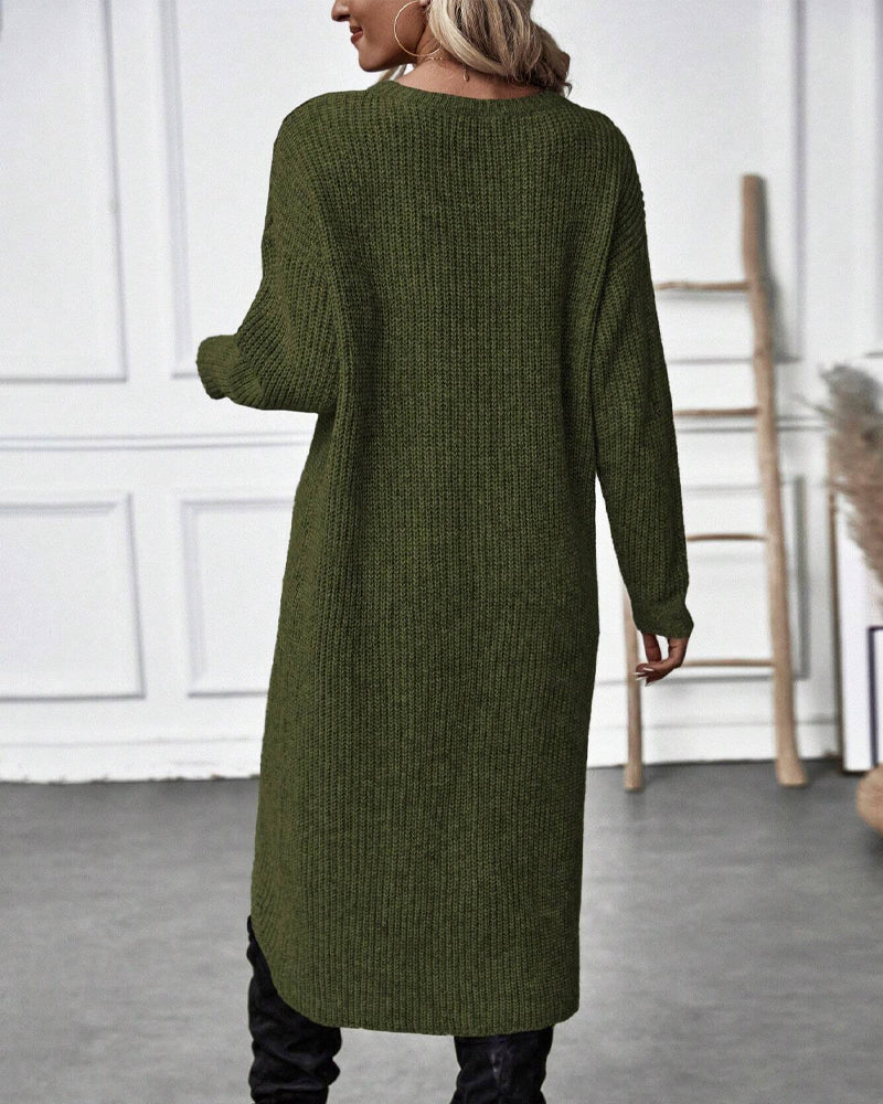 Women's Ribbed Sweater Dress Long Sleeve Knee-Length