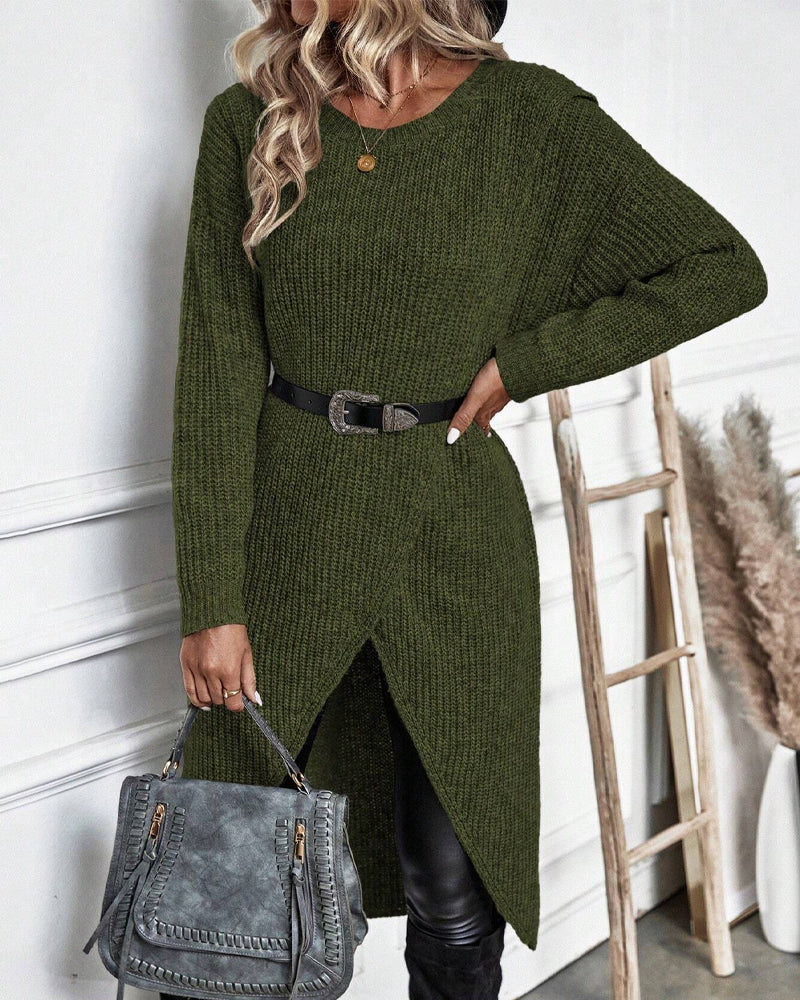 Women's Ribbed Sweater Dress Long Sleeve Knee-Length