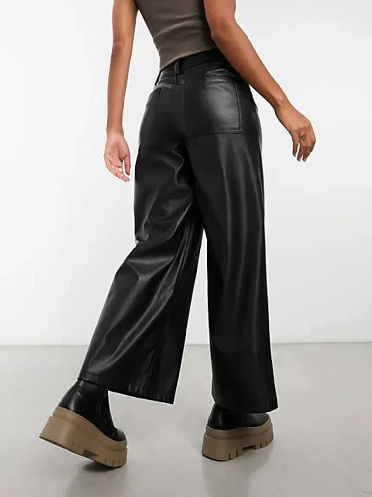 Women's High-Waisted Wide-Leg Faux Leather Pants