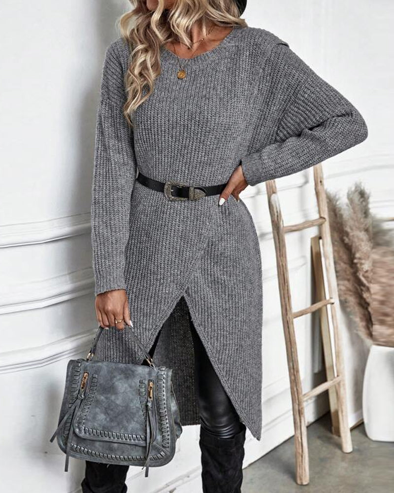 Women's Ribbed Sweater Dress Long Sleeve Knee-Length