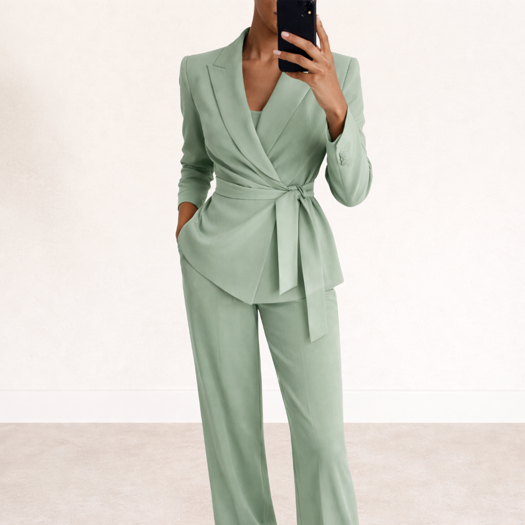 Women's Belted Blazer and Wide-Leg Pants Set