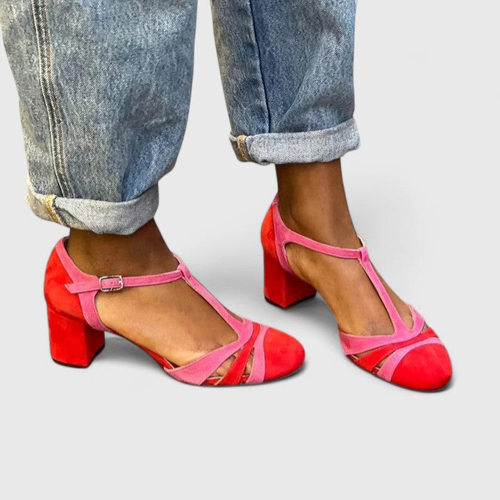 Women's Color Block T-Strap Heels with Ankle Strap