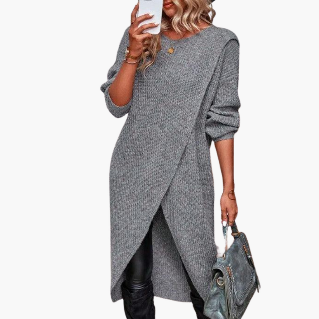 Women’s Sweater Dress with Long Sleeves and Asymmetrical Hem