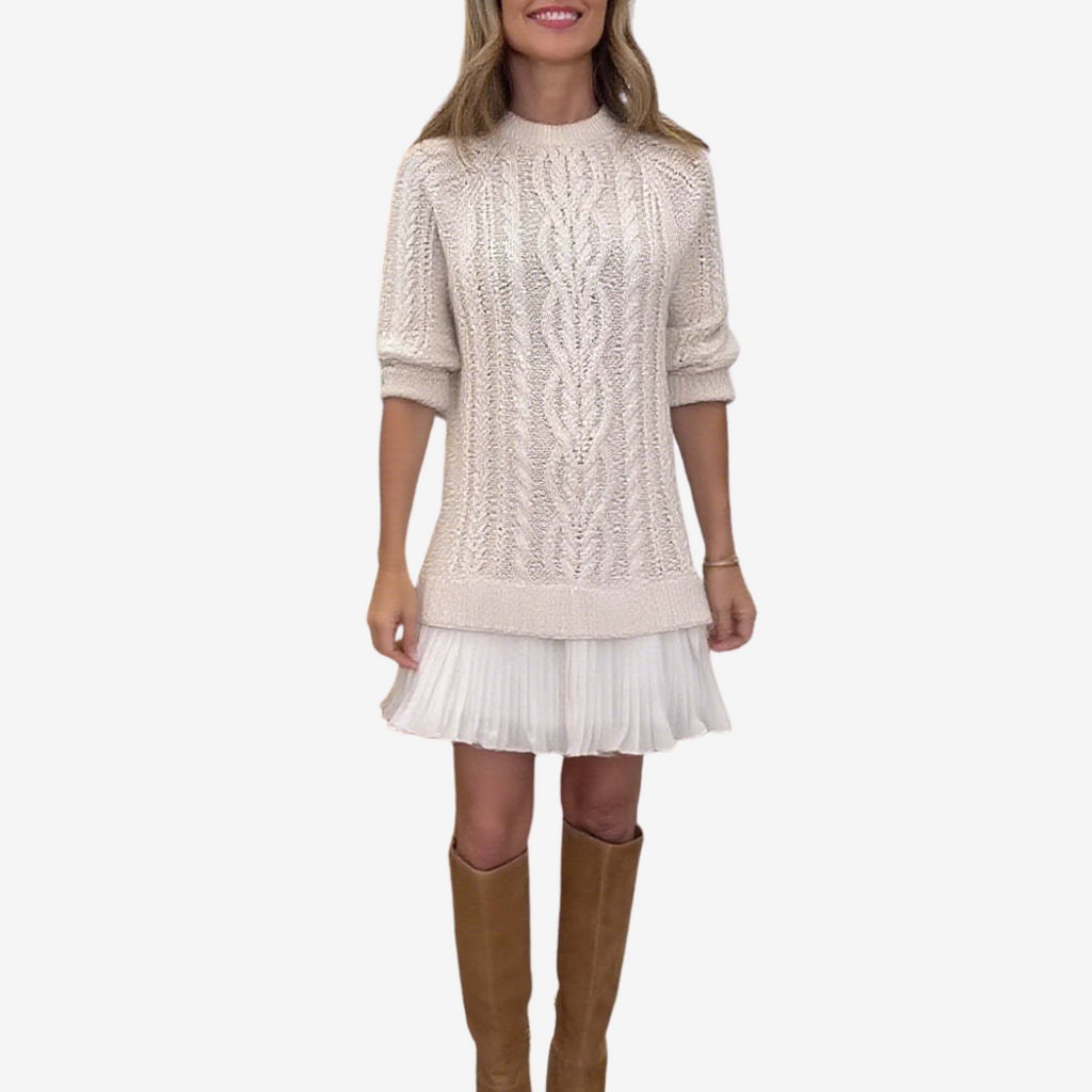 Women's Cable Knit Sweater Dress with Pleated Hem