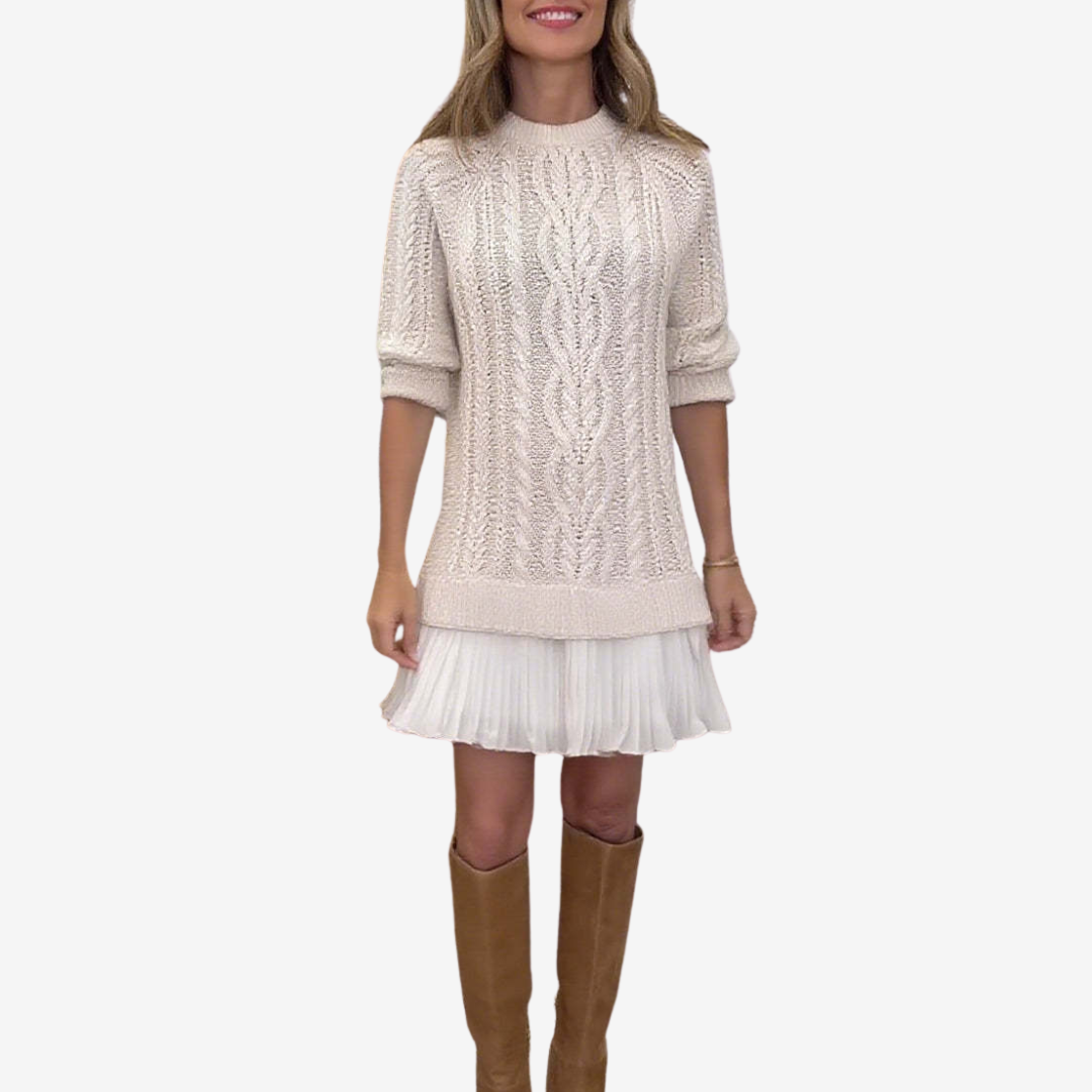 Women's Cable Knit Sweater Dress with Pleated Hem