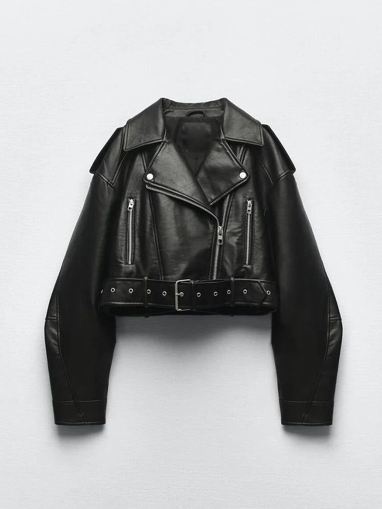 Women's Cropped Biker Jacket with Notch Collar and Belt