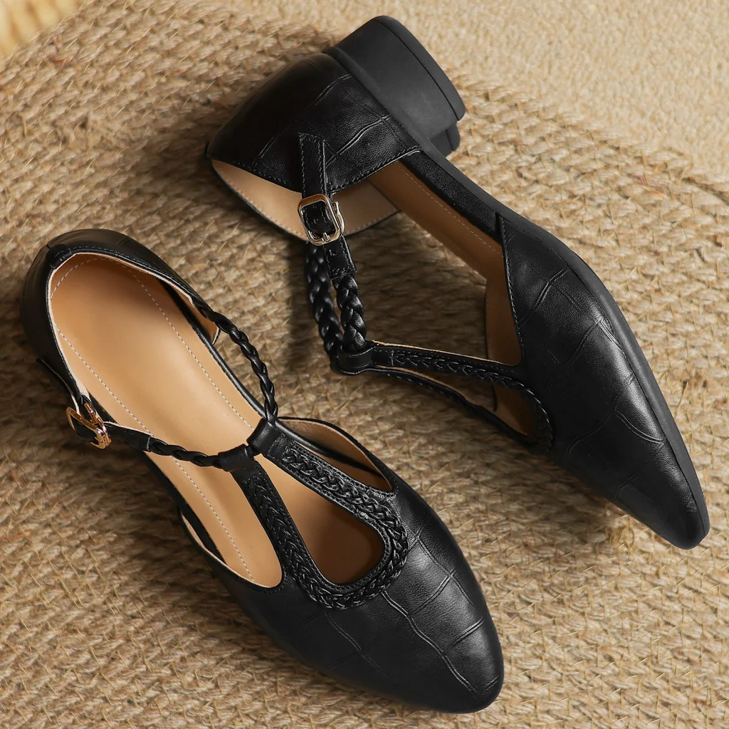 Women's Leather T-Strap Mary Jane Flats with Pointed Toe and Cushioned Sole