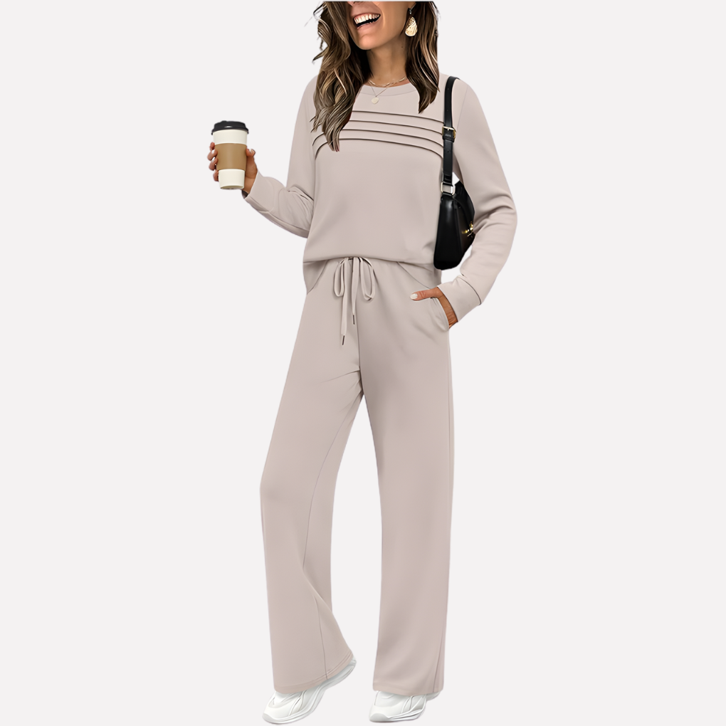 Women's Two-Piece Lounge Set Wide Leg Pants Crewneck Top
