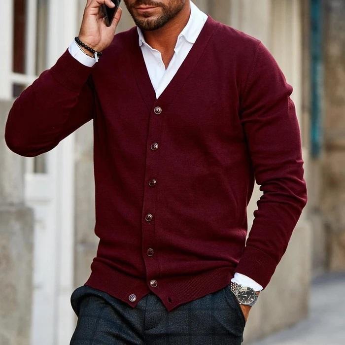 Men's V-Neck Button Cardigan, Long Sleeves, Ribbed Trim