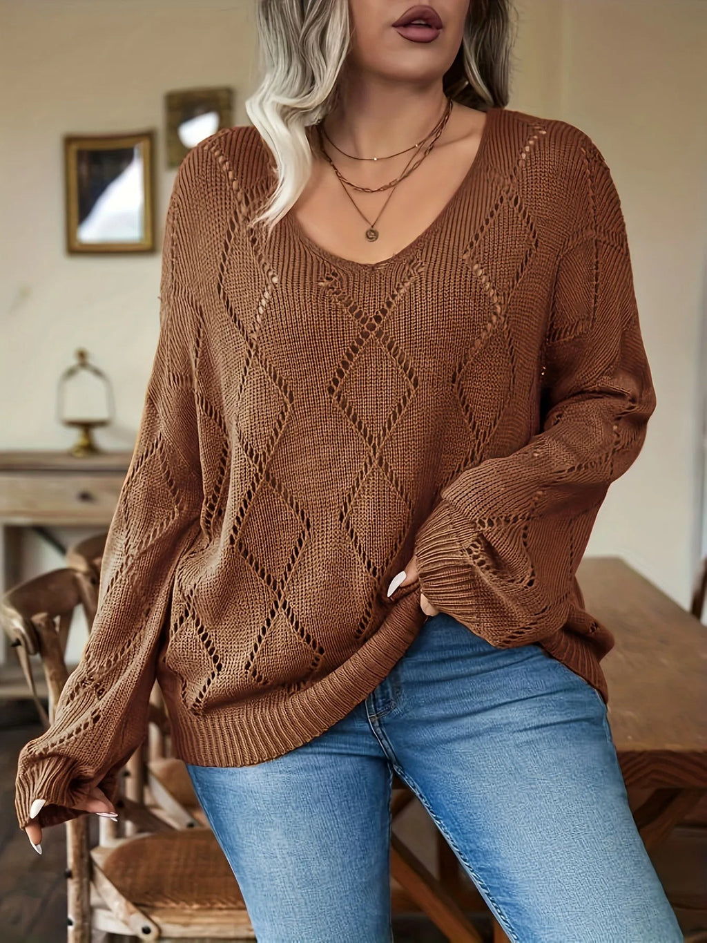 Women's Oversized Cable Sweater Long Sleeve Pullover