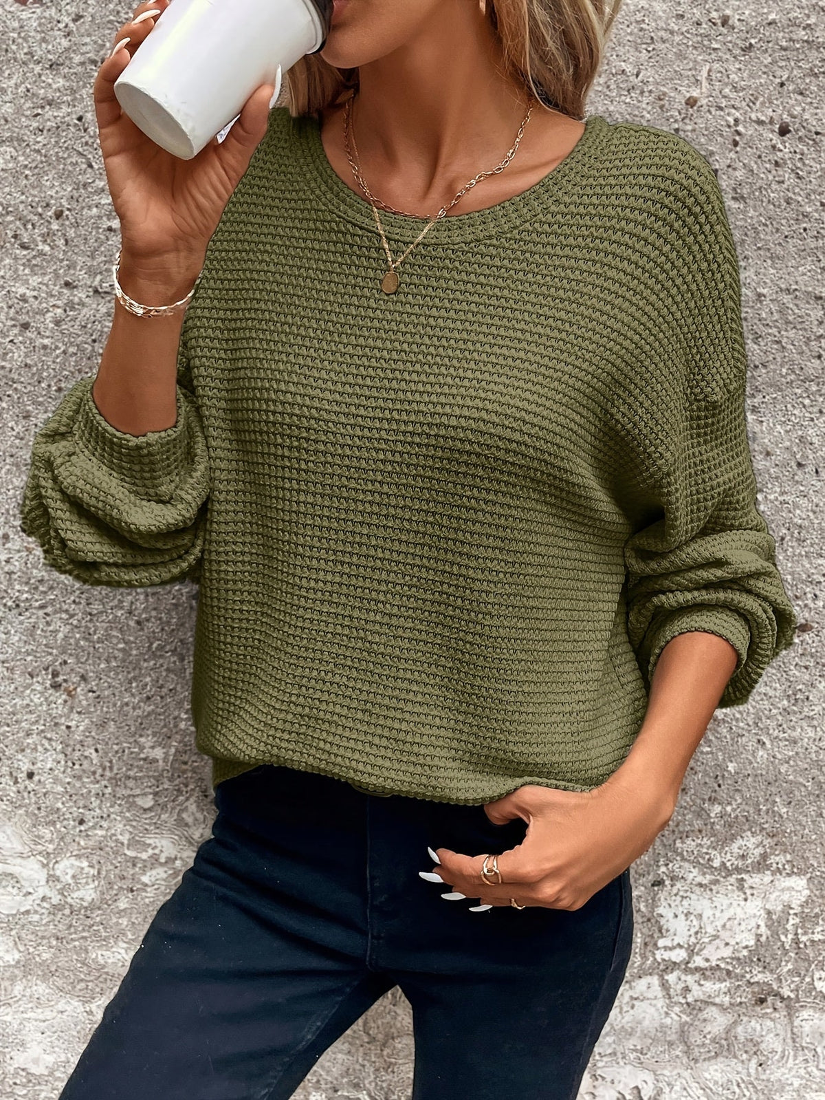 Women's Waffle-Knit Sweater Round Neck Relaxed Fit